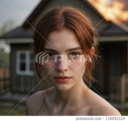 a close up of a woman s face with a fire in the background 116092124