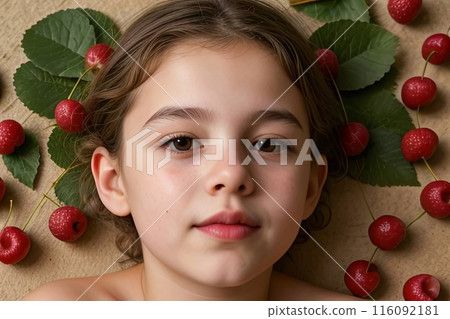 A little girl is happily lying in a heap of cherry fruits 116092181