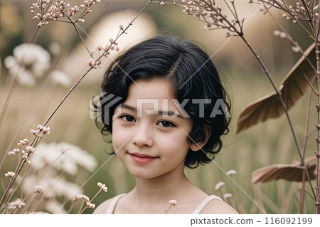 A little girl with short hair is standing in a field of beautiful flowers A little girl with short hair is standing in a field of beautiful flowers 116092199