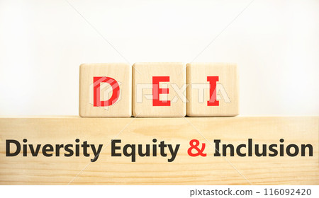 DEI diversity equity and inclusion symbol. Concept words DEI diversity equity and inclusion on blocks. Beautiful white background. Business DEI diversity equity and inclusion concept. Copy space. DEI diversity equity and inclusion symbol. Concept words DEI diversity equity and inclusion on blocks. Beautiful white background. Business DEI diversity equity and inclusion concept. Copy space. 116092420