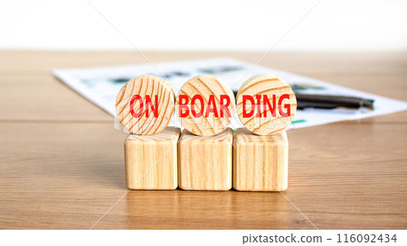 Onboarding success symbol. Concept word Onboarding on wooden circles. Beautiful wooden table white background. Black pen. White document. Business onboarding success concept. Copy space. 116092434