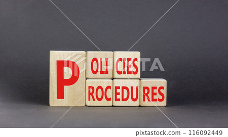 Policies and procedures symbol. Concept words Policies Procedures on beautiful wooden cubes. Beautiful black background. Business policies and procedures concept. Copy space. 116092449