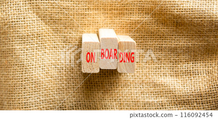 Onboarding success symbol. Concept word Onboarding on beautiful wooden blocks. Beautiful canvas background. Business onboarding success concept. Copy space. Onboarding success symbol. Concept word Onboarding on beautiful wooden blocks. Beautiful canvas background. Business onboarding success concept. Copy space. 116092454
