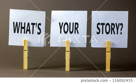 Storytelling and what is your story symbol. Concept words What is your story on beautiful white paper. Beautiful grey background. Business storytelling and what is your story concept. Copy space. 116092455