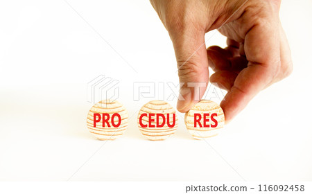 Procedures symbol. Concept word Procedures on beautiful wooden circles. Beautiful white table white background. Businessman hand. Business procedures concept. Copy space. Procedures symbol. Concept word Procedures on beautiful wooden circles. Beautiful white table white background. Businessman hand. Business procedures concept. Copy space. 116092458