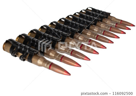 Ammunition belt with cartridges for heavy machine gun isolated on white. 116092500