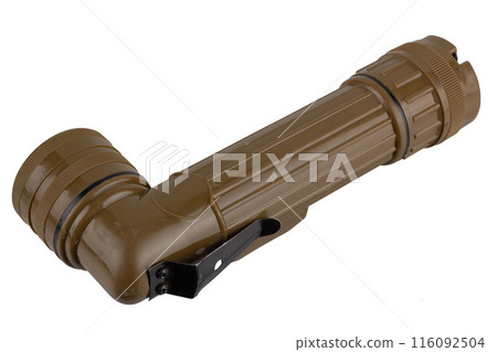 vintage military style flashlight isolated on white 116092504