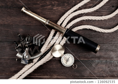 vintage naval spyglass telescope with sextant and compass vintage naval spyglass telescope with sextant and compass 116092535