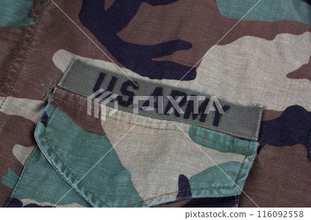 US ARMY branch tape on woodland camouflage uniform US ARMY branch tape on woodland camouflage uniform 116092558