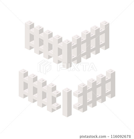 A segment of a white fence with a post in isometry. Vector 116092678
