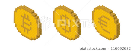 Set of bitcoin, dollar and euro coins in isometry. Vector 116092682