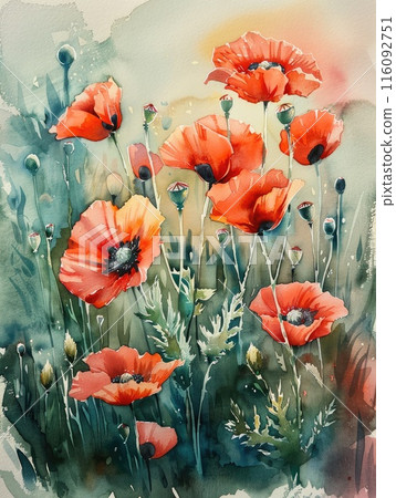 Watercolor painting of red poppies. 116092751