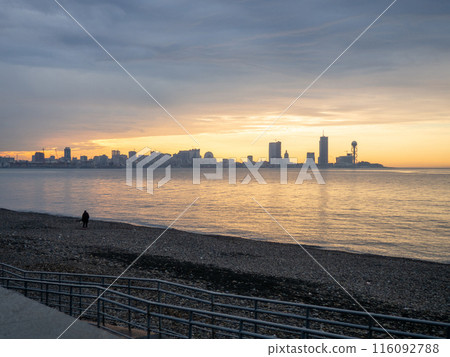 View of the sea modern city. Batumi from afar. Tall houses on the sea. Beautiful landscape.  Batumi at sunset 116092788