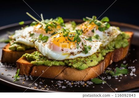 Avocado toast with poached eggs on wooden plate 116092843