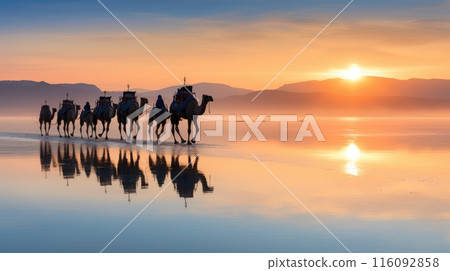 Silhouette of a camel caravan walking along a beach at sunset, with reflection on water 116092858