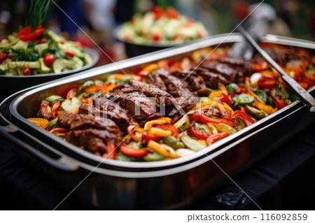 Catering buffet food indoor in restaurant with grilled meat. 116092859