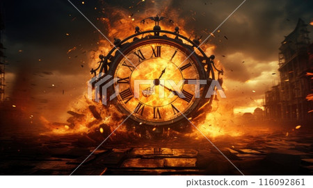A surreal portrayal of time with a clock exploding and engulfed in flames 116092861