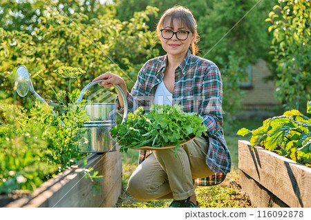 Smiling woman gardener farmer with harvest of greens, herbs with watering can in garden 116092878