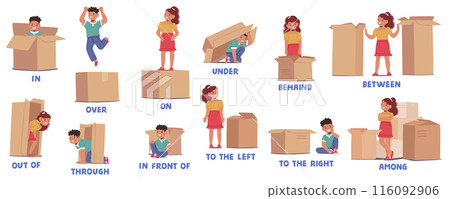 Cute Cartoon Kids Demonstrating English Prepositions Of Place Using Boxes. Educational Vector Illustration 116092906