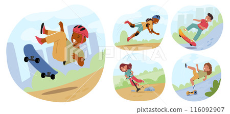 Set Of Children Falling During Various Outdoor Activities Such As Skateboarding, Scootering, And Using Hoverboards Set Of Children Falling During Various Outdoor Activities Such As Skateboarding, Scootering, And Using Hoverboards 116092907