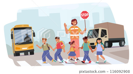 Group Of Cartoon Children Crossing The Street With A Crossing Guard Holding A Stop Sign, Vector Scene Group Of Cartoon Children Crossing The Street With A Crossing Guard Holding A Stop Sign, Vector Scene 116092908