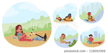 Children Experiencing Falling Accidents While Playing Outdoors. Vector Images Show Kids Tripping And Falling Off Bikes 116092909