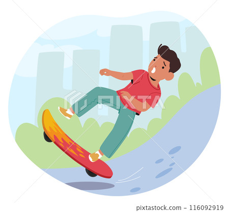 Young Boy Character Falling Off His Skateboard In A City Park Setting. Scene Captures An Unexpected Moment Of Surprise 116092919