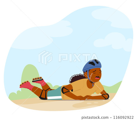Young Cartoon Child Falling While Roller Skating Outdoors. Little Girl Wearing Protective Gear And Appears To Be Upset Young Cartoon Child Falling While Roller Skating Outdoors. Little Girl Wearing Protective Gear And Appears To Be Upset 116092922