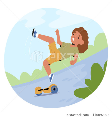 Child Character Falling Off A Hoverboard While Riding Outdoors. Background Shows Greenery And A Bright Sky 116092928