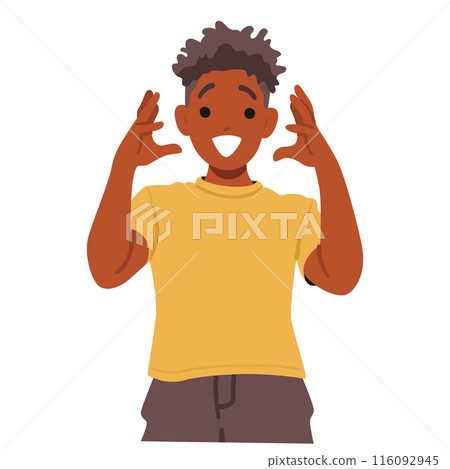 Cartoon Vector Illustration Of A Happy African American Boy Character With A Surprised Facial Expression And Hands Up Cartoon Vector Illustration Of A Happy African American Boy Character With A Surprised Facial Expression And Hands Up 116092945