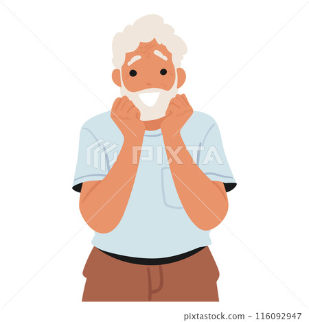 Happy Elderly Man With A Surprised Expression, Cheerful Face And Casual Outfit Convey A Sense Of Joy And Excitement Happy Elderly Man With A Surprised Expression, Cheerful Face And Casual Outfit Convey A Sense Of Joy And Excitement 116092947