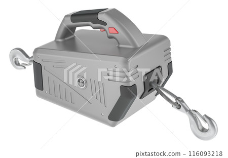 Electric Winch with Steel Cable, grey color. 3D rendering Electric Winch with Steel Cable, grey color. 3D rendering 116093218