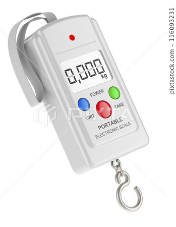 White Portable Electronic Hanging Scale, 3D rendering White Portable Electronic Hanging Scale, 3D rendering 116093231