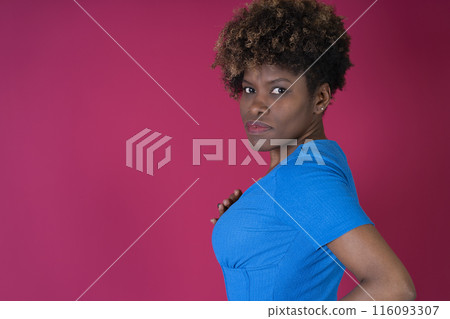 Woman in Blue Shirt Posing for Picture 116093307