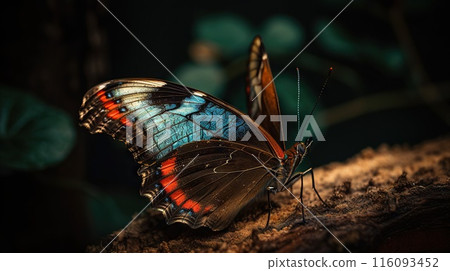 Colorful big butterfly sitting on green leaves, beautiful insect in the nature habitat. Generative AI Colorful big butterfly sitting on green leaves, beautiful insect in the nature habitat. Generative AI 116093452