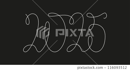 Decoration continuous line hand drawing sign for 2025 year calendar. Vector stock illustration minimalism design isolated on black chalkboard background. Editable stroke single line. EPS10 116093512