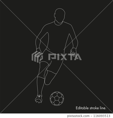 Soccer running player with ball. Vector stock one line hand drawing illustration isolated on black background for design template football championship, game. Editable stroke. EPS10 Soccer running player with ball. Vector stock one line hand drawing illustration isolated on black background for design template football championship, game. Editable stroke. EPS10 116093513