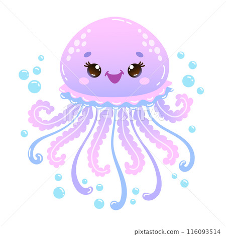 Cute cartoon jellyfish with bubbles. Vector Illustration for children's books, nursery decor and other creative projects Cute cartoon jellyfish with bubbles. Vector Illustration for children's books, nursery decor and other creative projects 116093514