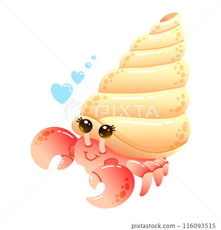 Cartoon hermit crab with playful heart bubbles. Vector Illustration for childrens educational materials, nursery decor Cartoon hermit crab with playful heart bubbles. Vector Illustration for childrens educational materials, nursery decor 116093515