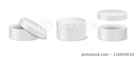 Closed and open round cardboard or tin boxes. Circular containers for gifts or hats, cosmetics or medicine, sweets or cookies. Cylindrical packages isolated on white background. Vector illustration Closed and open round cardboard or tin boxes. Circular containers for gifts or hats, cosmetics or medicine, sweets or cookies. Cylindrical packages isolated on white background. Vector illustration 116093630