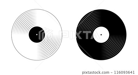 Black and white gramophone vinyl plate icons. LP or long play music records. DJ equipment. Techno party or 70s 80s 90s discotheque nostalgia concept. Vector graphic illustration Black and white gramophone vinyl plate icons. LP or long play music records. DJ equipment. Techno party or 70s 80s 90s discotheque nostalgia concept. Vector graphic illustration 116093641