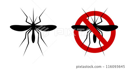 Mosquito icon and anti gnat forbidden sign for insect spray repellent isolated on white background. Warning pictograms. Stop malaria sticker. Vector flat illustration 116093645