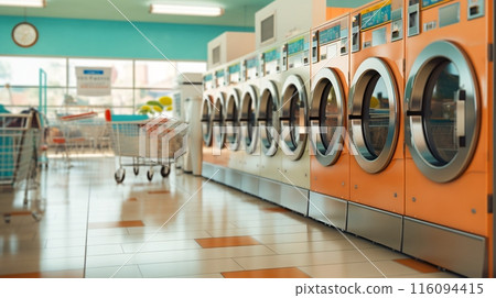 Interior view of a coin laundry with rows of washing machines Interior view of a coin laundry with rows of washing machines 116094415
