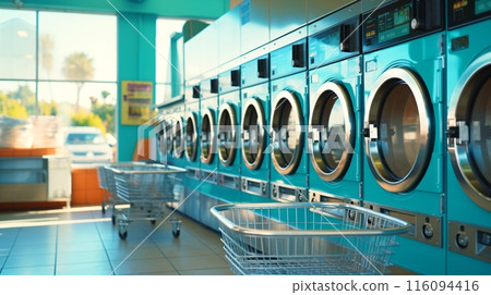 Interior view of a coin laundry with rows of washing machines 116094416