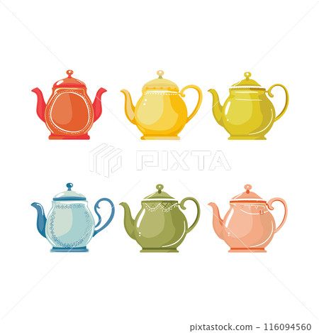 Colorful teapots collection featuring different shapes ornamental designs. Vintage style teapots serving tea, kitchenware graphics. Ceramic teapot set, traditional drinkware illustrations 116094560