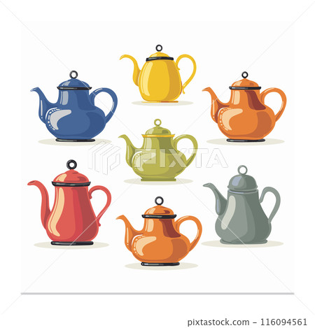 Assorted colorful teapots arranged rows columns, featuring different designs colors such blue, yellow, green, red, orange. Vector illustration various styles teapots, classical modern shapes 116094561