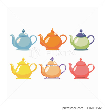Set colorful vector teapots, charming kitchenware collection. Illustration six teapots different styles colors, isolated white background. Bright colorful teapots, design elements home decor kitchen Set colorful vector teapots, charming kitchenware collection. Illustration six teapots different styles colors, isolated white background. Bright colorful teapots, design elements home decor kitchen 116094565