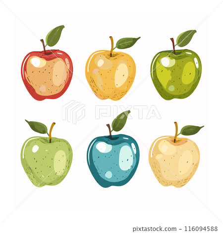 Six colorful stylized apples arranged two rows, cartoonish. Various colors include red, yellow, green, blue, apple has leaf. Handdrawn style fruit digital drawing isolated white background Six colorful stylized apples arranged two rows, cartoonish. Various colors include red, yellow, green, blue, apple has leaf. Handdrawn style fruit digital drawing isolated white background 116094588