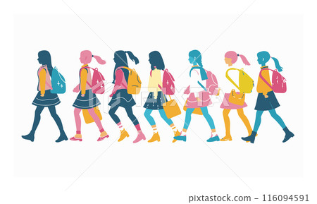 Diverse group girls walking side side, colorful flat design. School children uniforms backpacks, casual clothing, friendship concept. Trendy female students, stylish young characters, education Diverse group girls walking side side, colorful flat design. School children uniforms backpacks, casual clothing, friendship concept. Trendy female students, stylish young characters, education 116094591