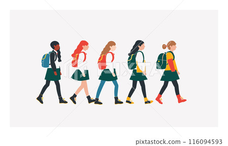 Five young girls walking side side, carrying. Girls school uniforms showcasing hairstyles. Cartoon illustration, students walking, neutral 116094593
